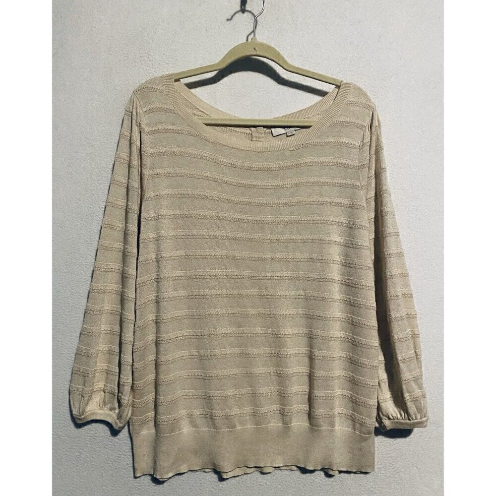 LOFT Sweater Womens XL Beige Pointelle Striped Puffy Sleeve Lightweight Feminine